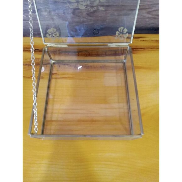Trinket Box Handmade Glass and Brass Etched Lid Vintage Decor 6" L x 6" W Gift - Picture 4 of 7